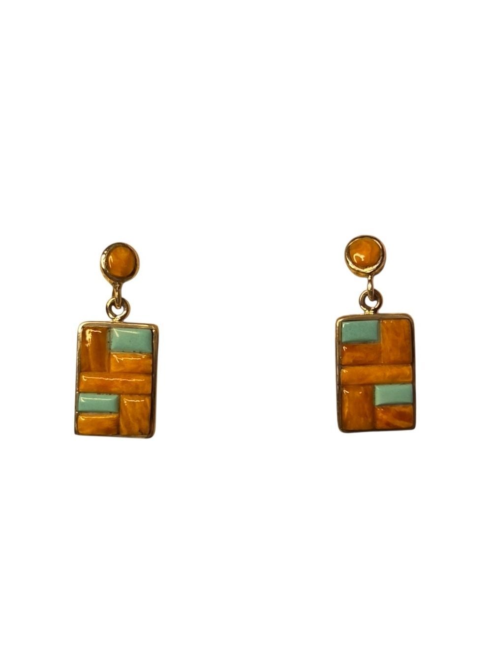 Calvin Begay CB Silver Spiny Oyster Turquoise Inlay Earrings Geometric